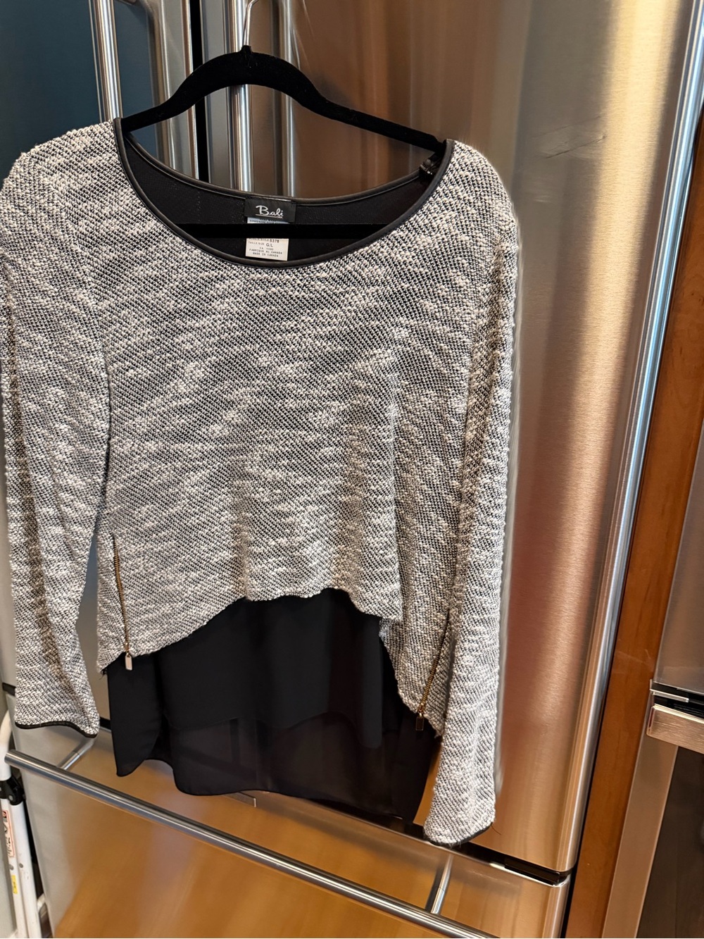 Bali Gray Layered Knit Sweatshirt with Black Chiffon Hem